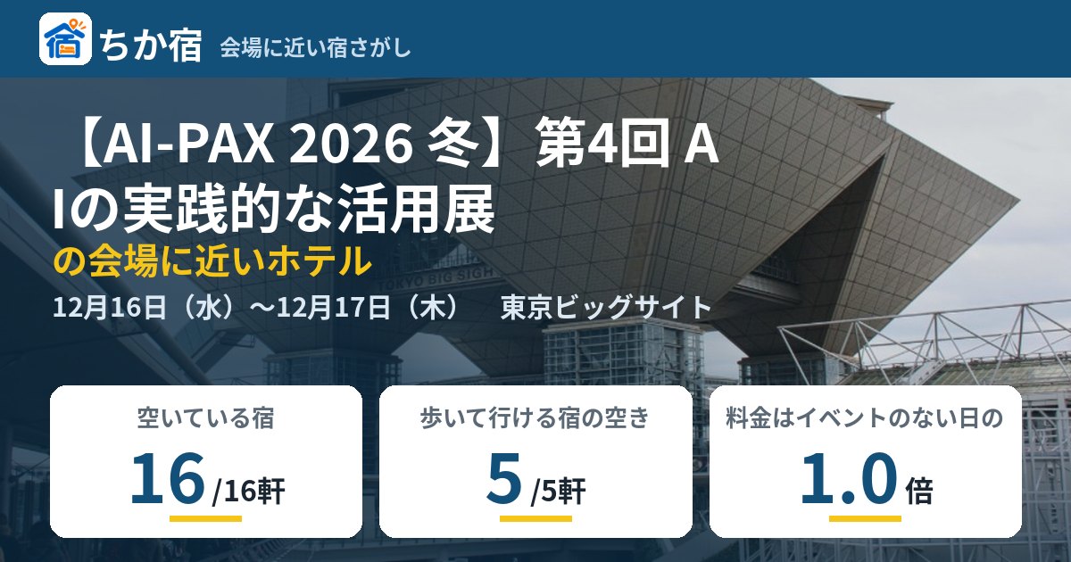 【AI-PAX 2026 冬】第4回 AIの実践的な活用展の会場に近いホテルの空き具合