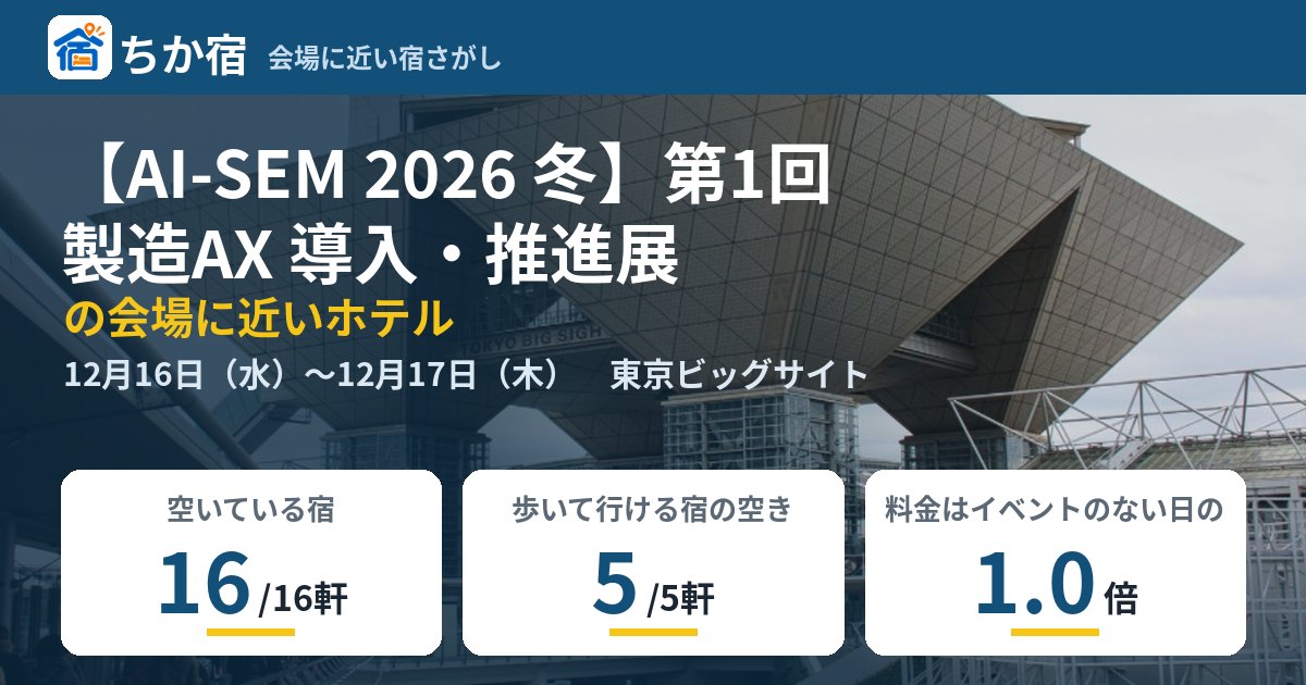 【AI-SEM 2026 冬】第1回 製造AX 導入・推進展の会場に近いホテルの空き具合