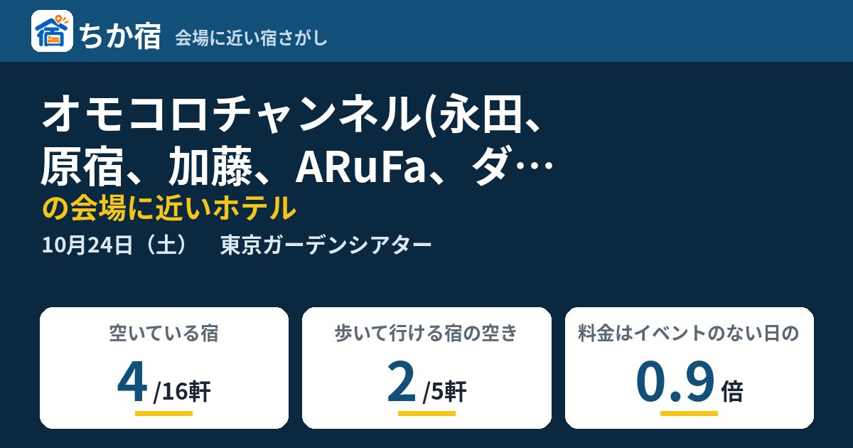 オモコロチャンネル(永田、原宿、加藤、ARuFa、ダ・ヴィンチ・恐山) 『オモコロチャンネル 爆走ワンダフルパレード!』の会場に近いホテルの空き具合