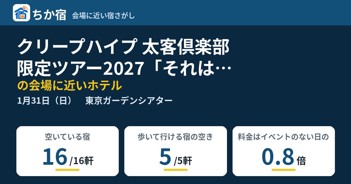 クリープハイプ 太客倶楽部限定ツアー2027「それはそれで幸せ」の会場に近いホテルの空き具合