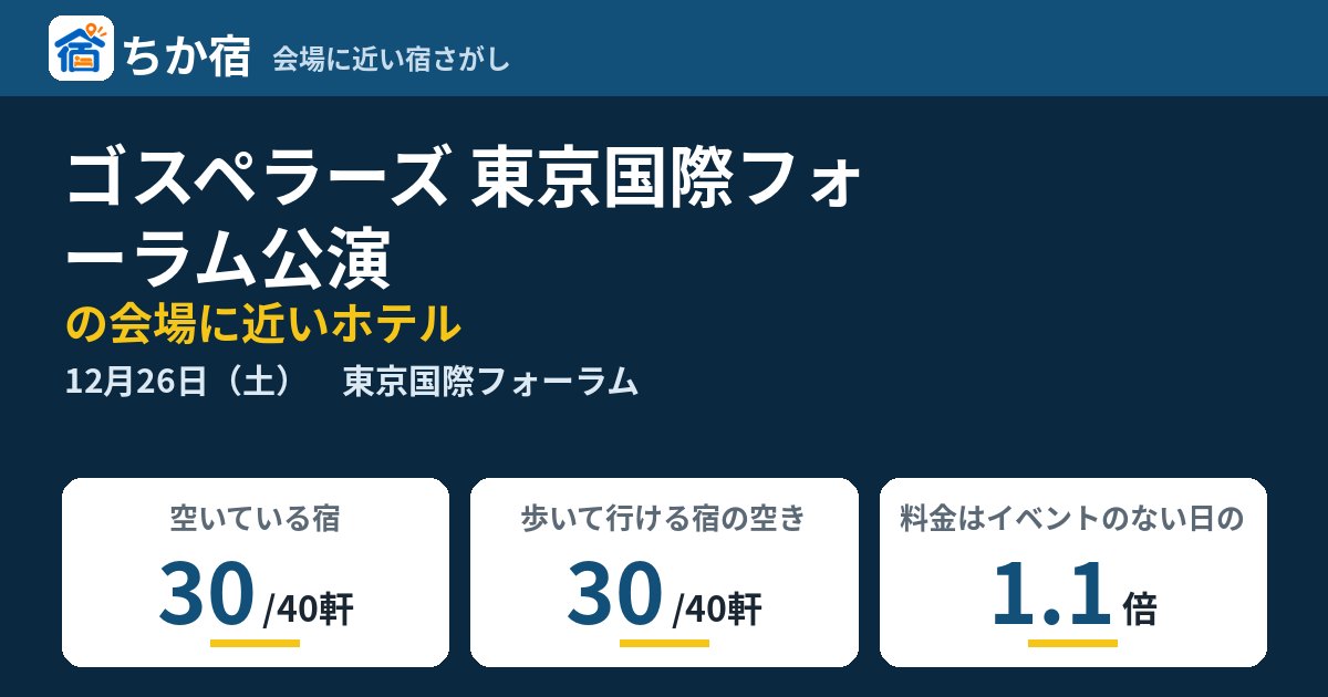 ゴスペラーズ 東京国際フォーラム公演の会場に近いホテルの空き具合