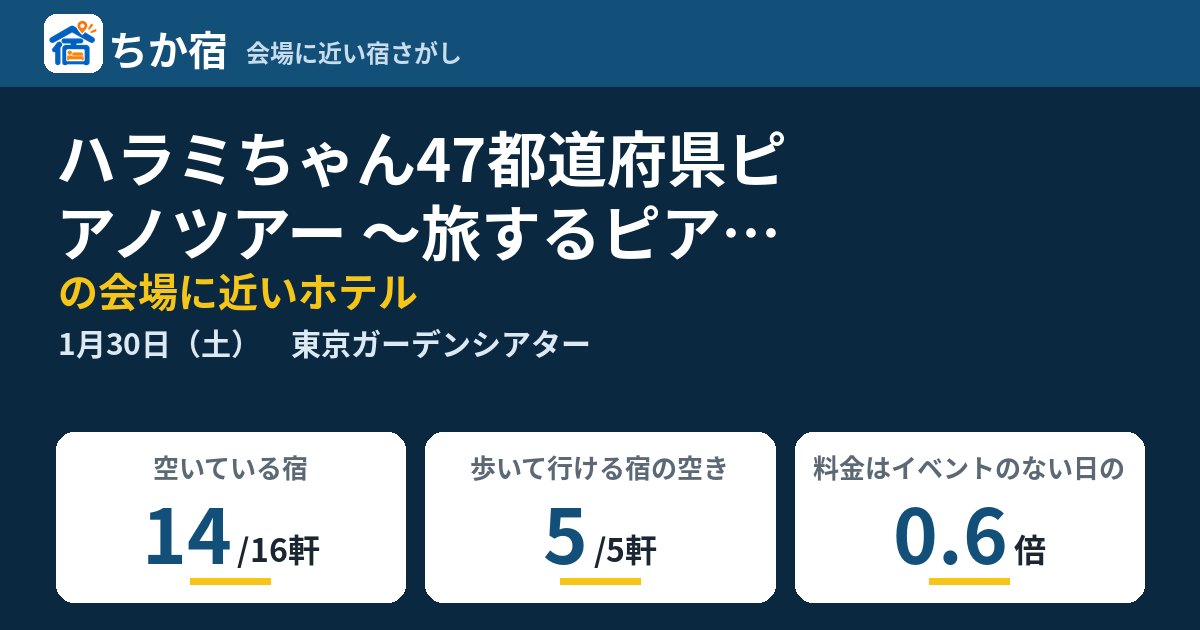 ハラミちゃん47都道府県ピアノツアー 〜旅するピアノと47の出会い〜 東京FINAL!!の会場に近いホテルの空き具合
