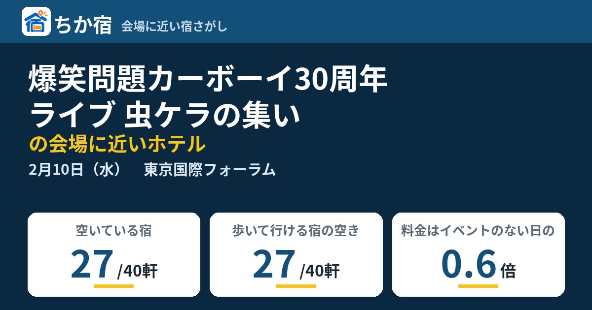 爆笑問題カーボーイ30周年ライブ 虫ケラの集いの会場に近いホテルの空き具合