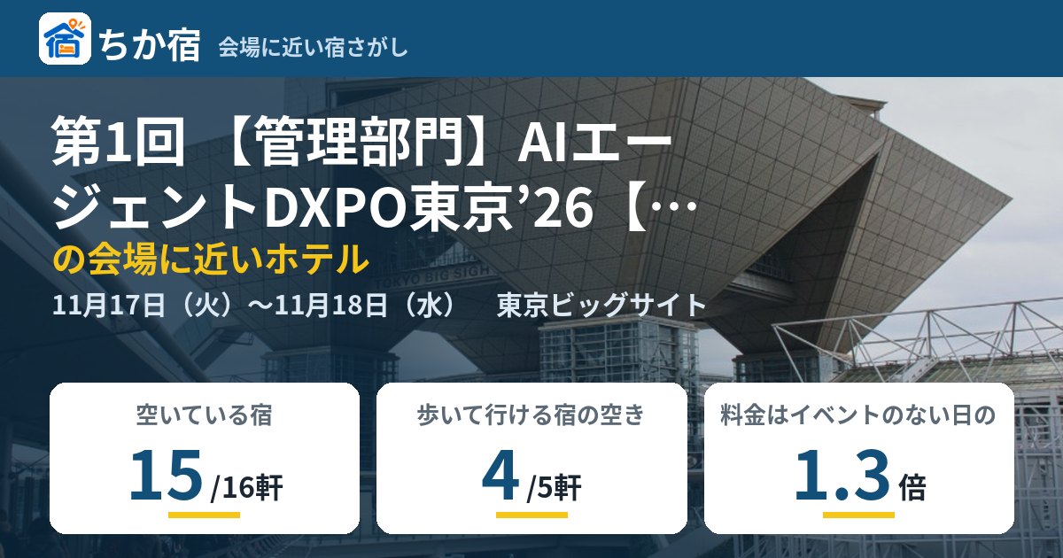 第1回 【管理部門】AIエージェントDXPO東京’26【秋】の会場に近いホテルの空き具合