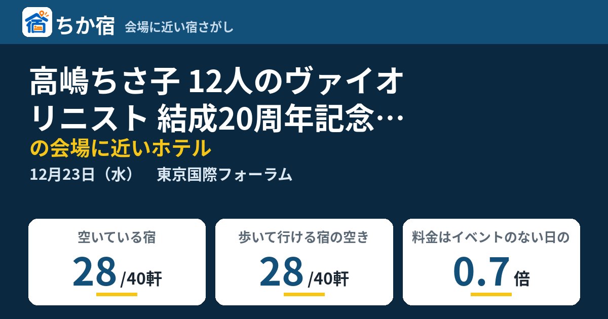 高嶋ちさ子 12人のヴァイオリニスト 結成20周年記念コンサートツアー 2026〜2027の会場に近いホテルの空き具合