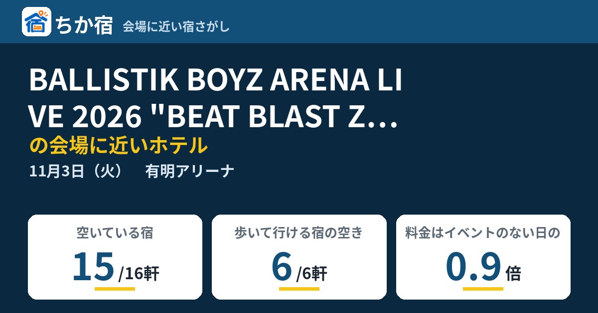BALLISTIK BOYZ ARENA LIVE 2026 "BEAT BLAST Z" ~Our Place~の会場に近いホテルの空き具合