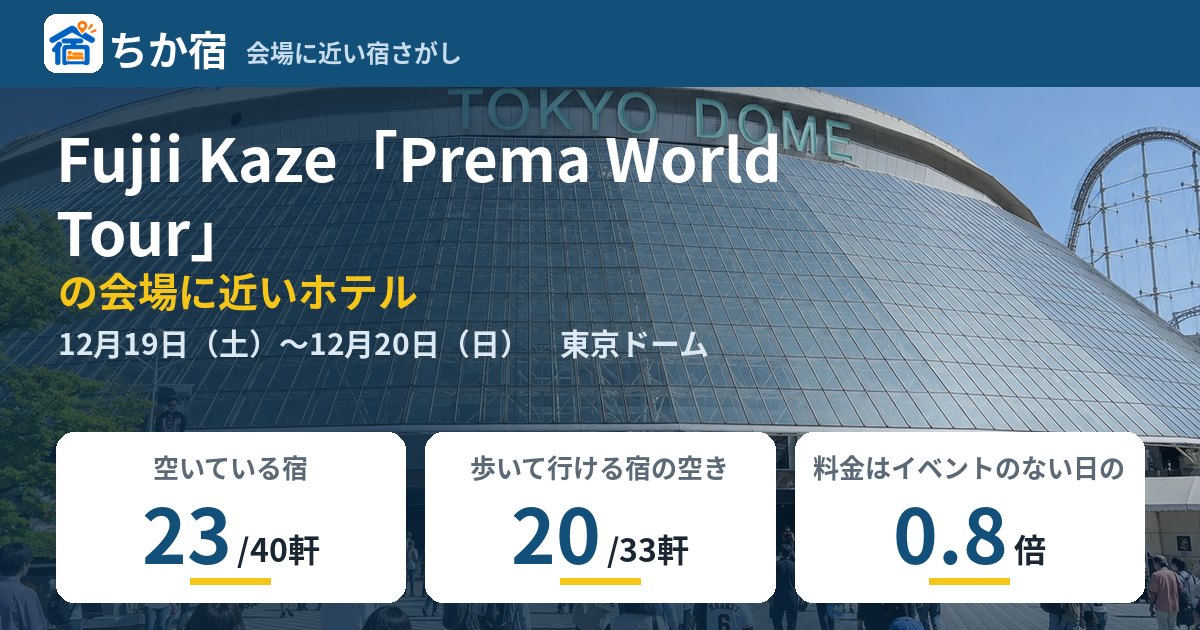 Fujii Kaze「Prema World Tour」の会場に近いホテルの空き具合