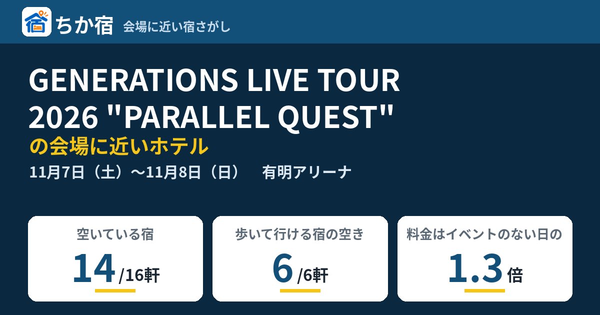 GENERATIONS LIVE TOUR 2026 "PARALLEL QUEST"の会場に近いホテルの空き具合