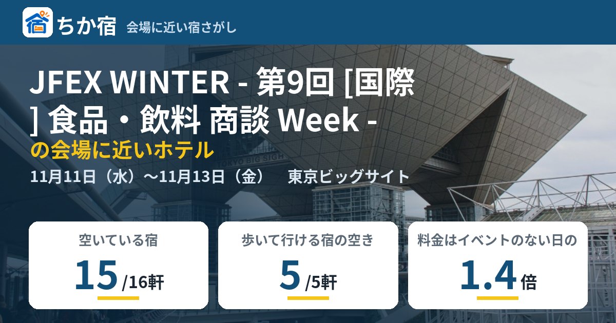 JFEX WINTER - 第9回 [国際] 食品・飲料 商談 Week -の会場に近いホテルの空き具合