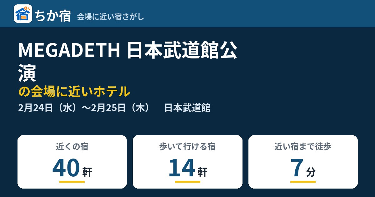 MEGADETH 日本武道館公演の会場に近いホテルの空き具合