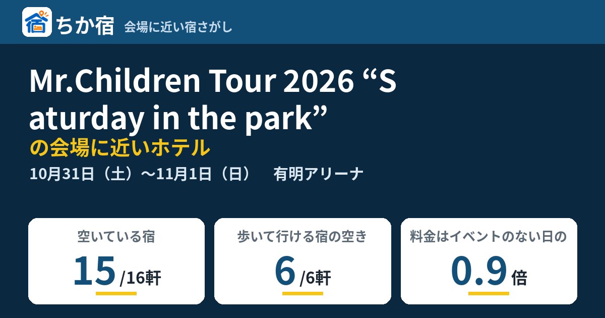 Mr.Children Tour 2026 “Saturday in the park”の会場に近いホテルの空き具合