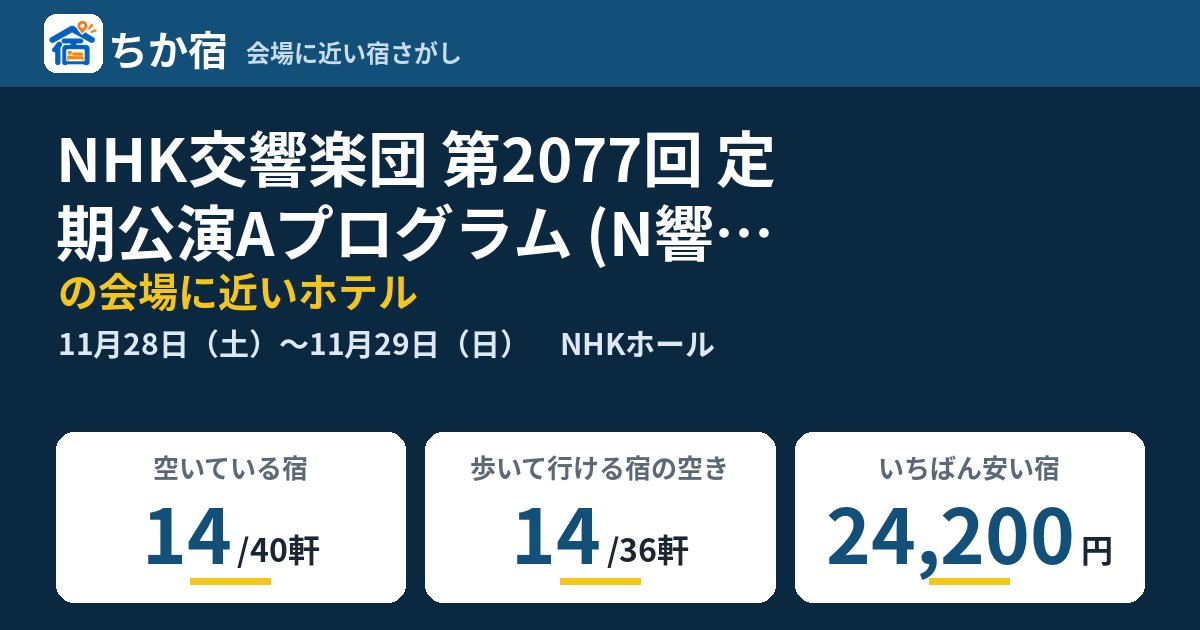 NHK交響楽団 第2077回 定期公演Aプログラム (N響100年特別企画)の会場に近いホテルの空き具合