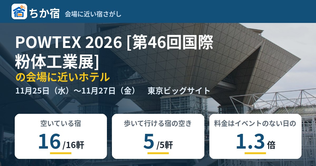POWTEX 2026 [第46回国際粉体工業展]の会場に近いホテルの空き具合