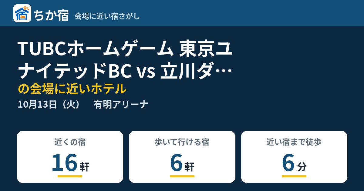 TUBCホームゲーム 東京ユナイテッドBC vs 立川ダイスの会場に近いホテルの空き具合