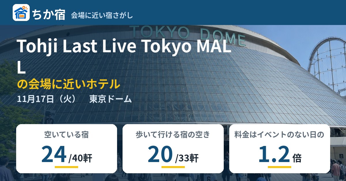 Tohji Last Live Tokyo MALLの会場に近いホテルの空き具合