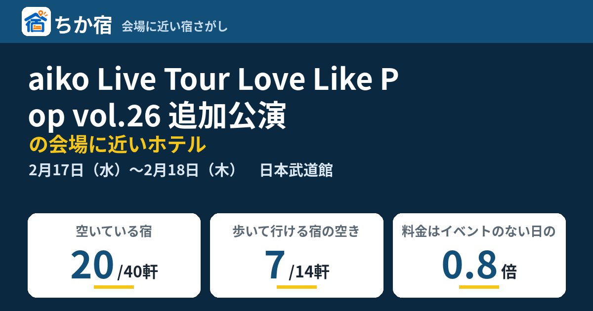 aiko Live Tour Love Like Pop vol.26 追加公演の会場に近いホテルの空き具合