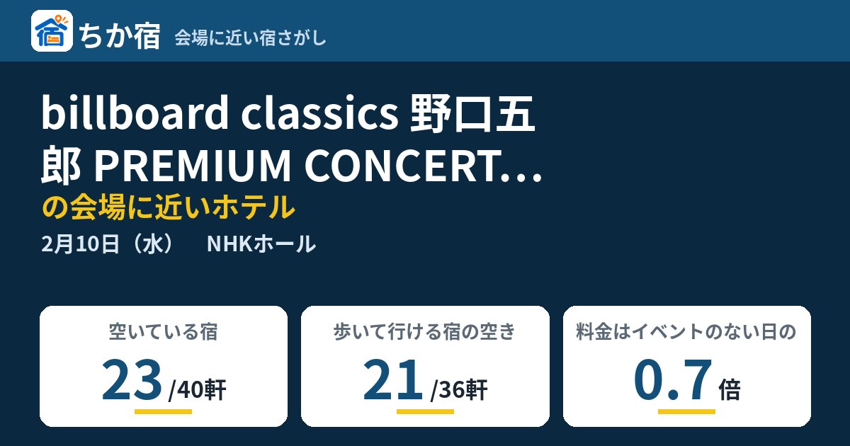 billboard classics 野口五郎 PREMIUM CONCERT 2027 Beyond the dream!!~夢のその先へ~の会場に近いホテルの空き具合