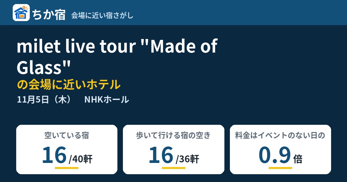 milet live tour "Made of Glass"の会場に近いホテルの空き具合