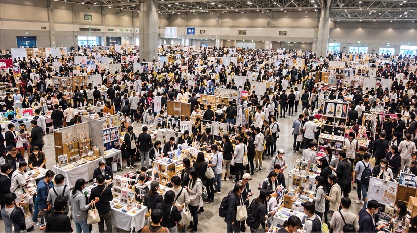 通路まで人で埋まった展示ホールの様子