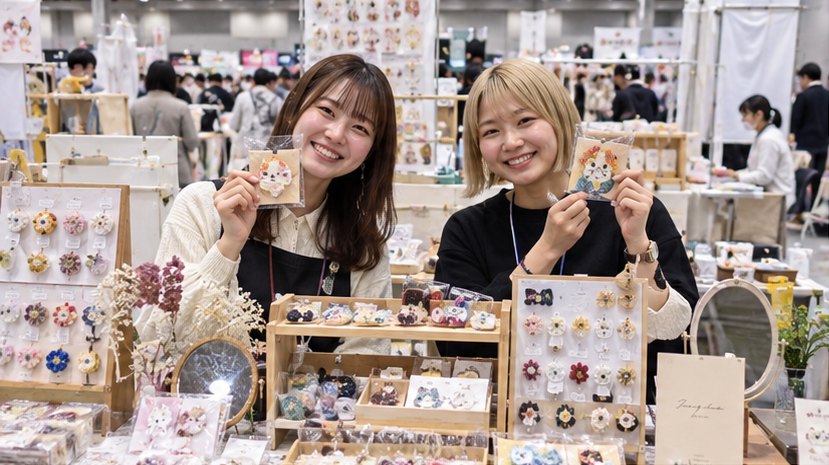 手作りのアクセサリーを手に笑顔を見せる出展者