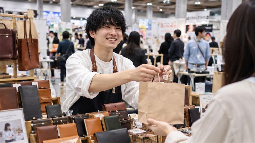 革の財布やかばんを並べたブースで商品を手渡す出展者