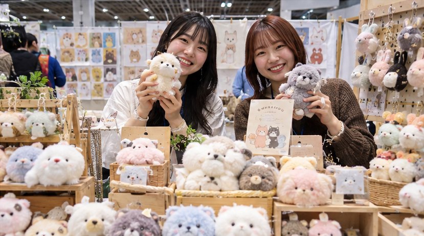 ぬいぐるみを手に笑顔を見せる2人の出展者